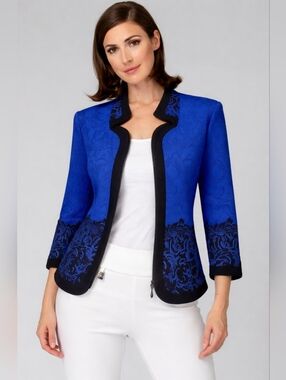 Joseph Ribkoff Blue Embossed Jacquard Two Way Zip Jacket Black Trim Size 10